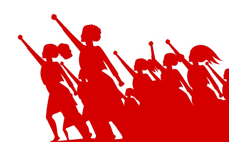 Crowd of people outlined and filled in red in profile leaning forward with fists raised