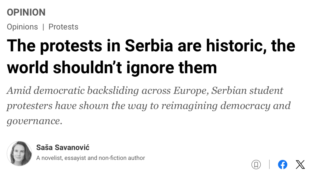 The protests in Serbia are historic, the world shouldn’t ignore them
Amid democratic backsliding across Europe, Serbian student protesters have shown the way to reimagining democracy and governance. Feb 23
