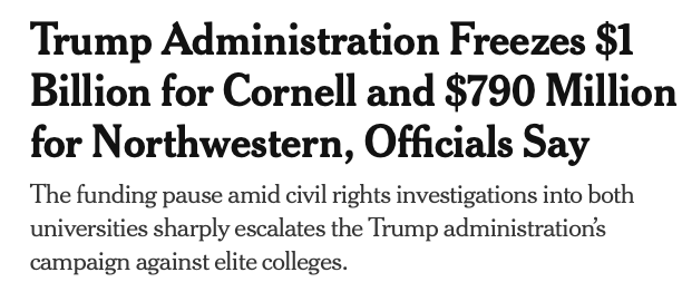 Trump Administration Freezes $1 Billion for Cornell and $790 Million for Northwestern, Officials Say
The funding pause amid civil rights investigations into both universities sharply escalates the Trump administration’s campaign against elite colleges.